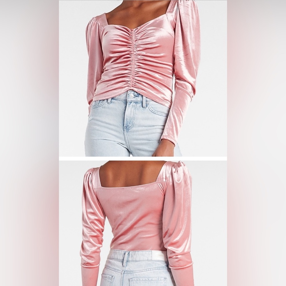 Express NWT pink velvet top with ruched bodice and  princess sleeves size xsm